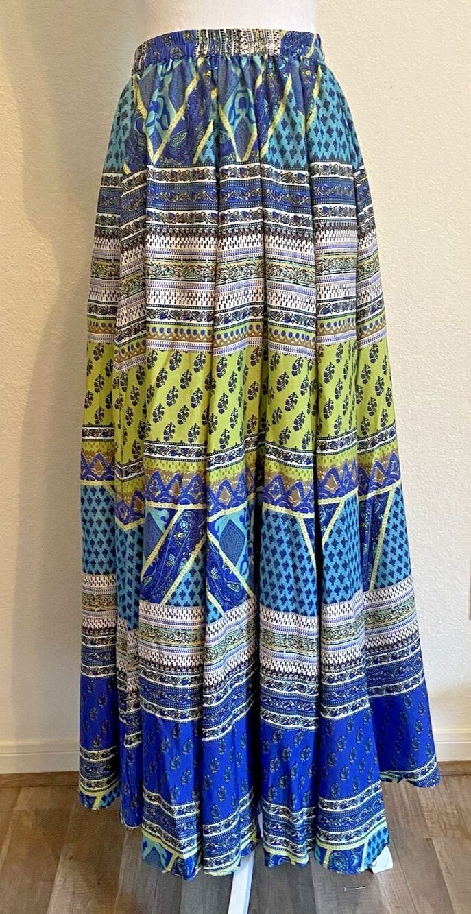 LUCKY & COCO Boho Maxi Skirt Elastic Waist Blue Green Women's Small Festival